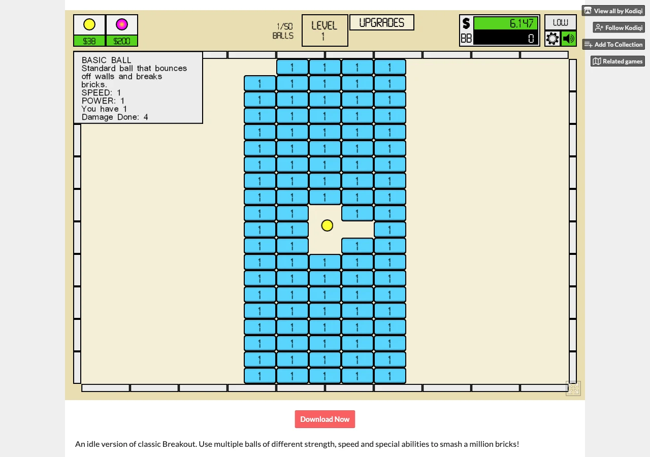 Idle Breakout level one with a yellow Basic Ball bouncing through numbered blue bricks.