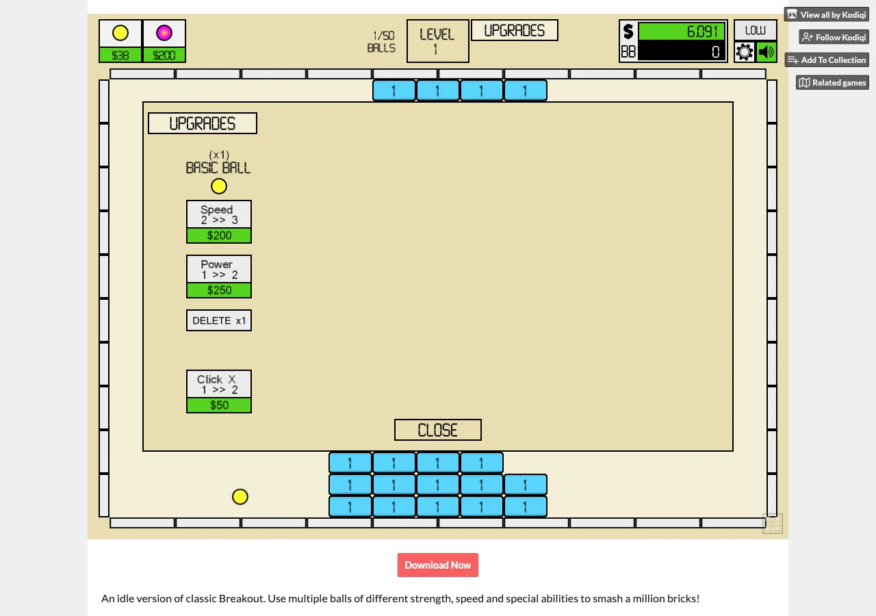 Basic Ball upgrade panel after a speed purchase: Speed 2 to 3 costs 200, Power 1 to 2 costs 250, and Click X 1 to 2 costs 50.