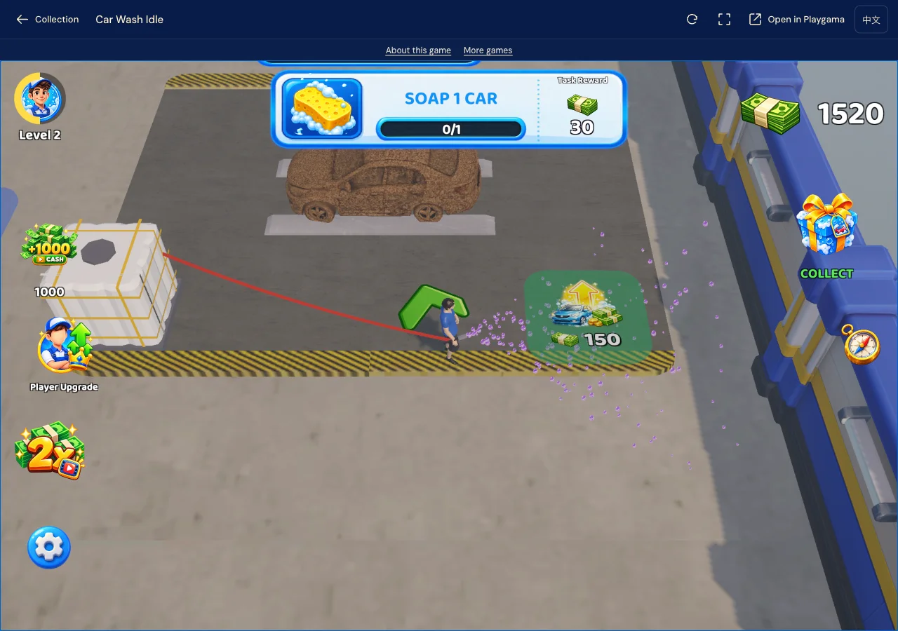 Actual gameplay after opening the first wash area, with Soap 1 car as the next task.