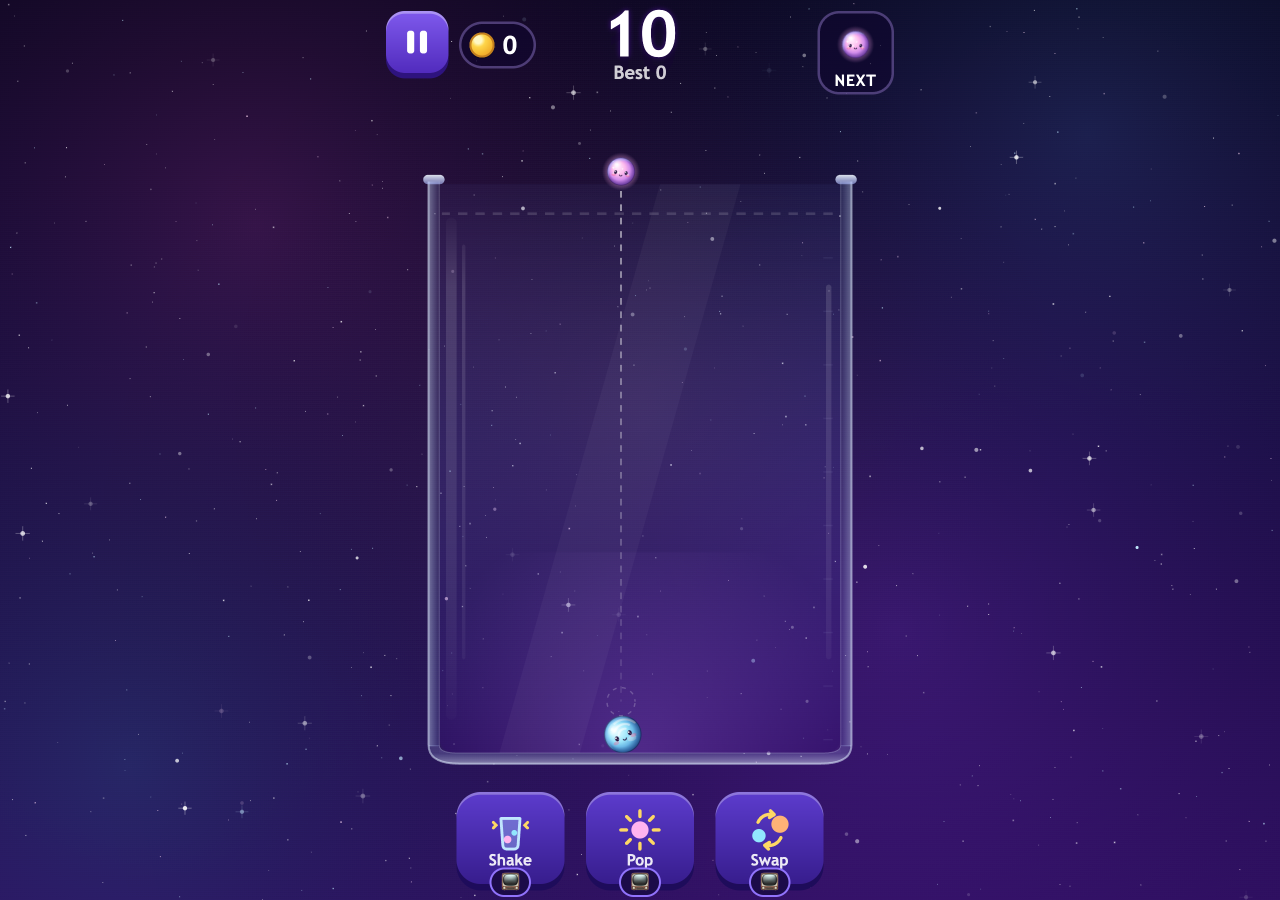 Cosmo Merge 两个紫色天体合成一个蓝色天体，分数显示 10。