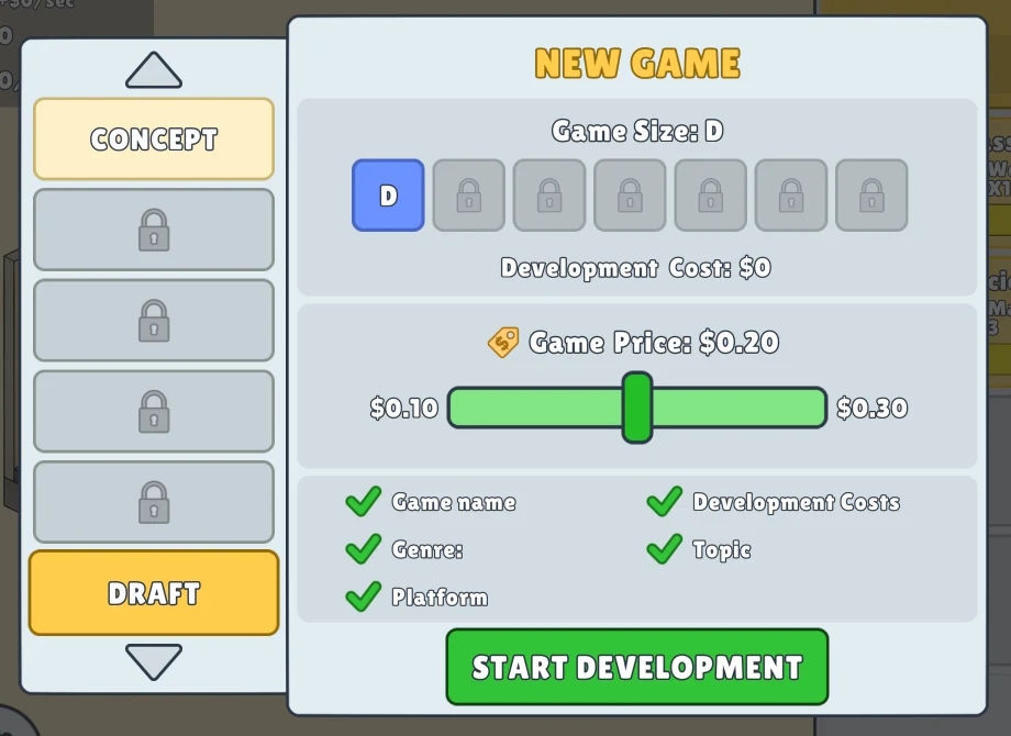 Idle Game Dev Simulator 的 Draft 面板,显示项目检查项和 Start Development 按钮。