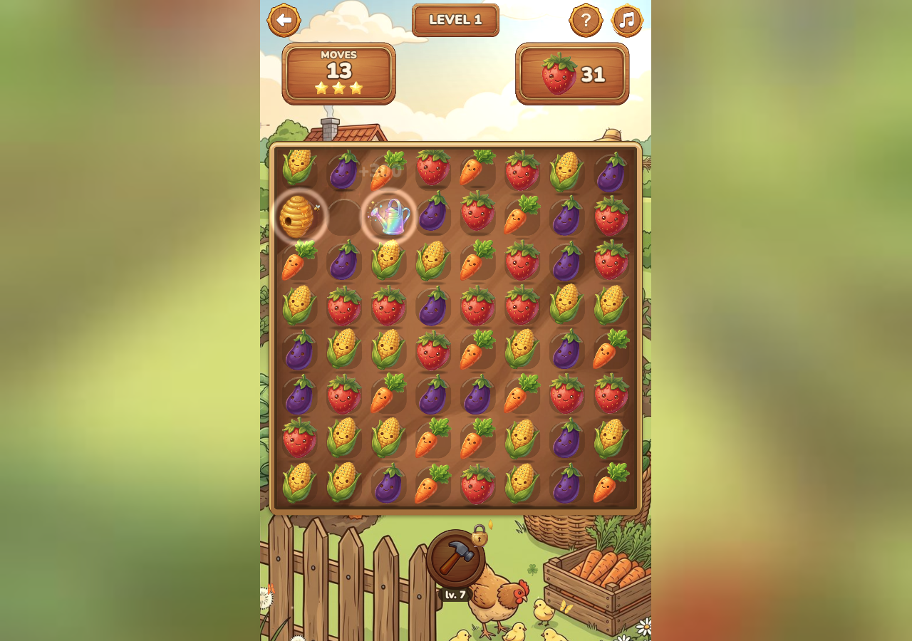 Sunny Farm 第 1 关一次有效交换后:剩余 13 步,草莓目标 31,棋盘出现特殊道具。